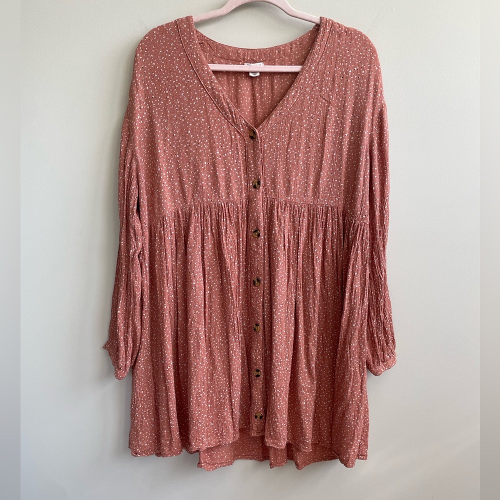 Billabong Terracotta Pink Long Sleeve On The Way Babydoll Button Up Dress